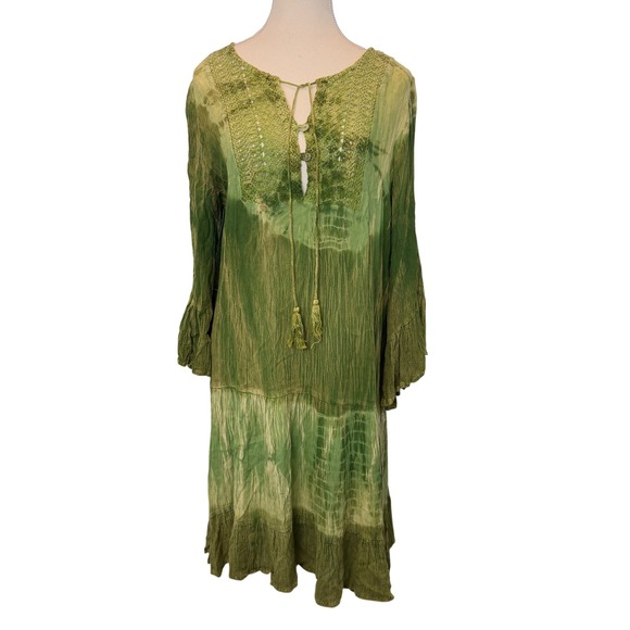 Dresses & Skirts - M/L Green Tie Dye Boho Crochet Lace Tassel Midi Dress Lagenlook Fairy Flowy Tier